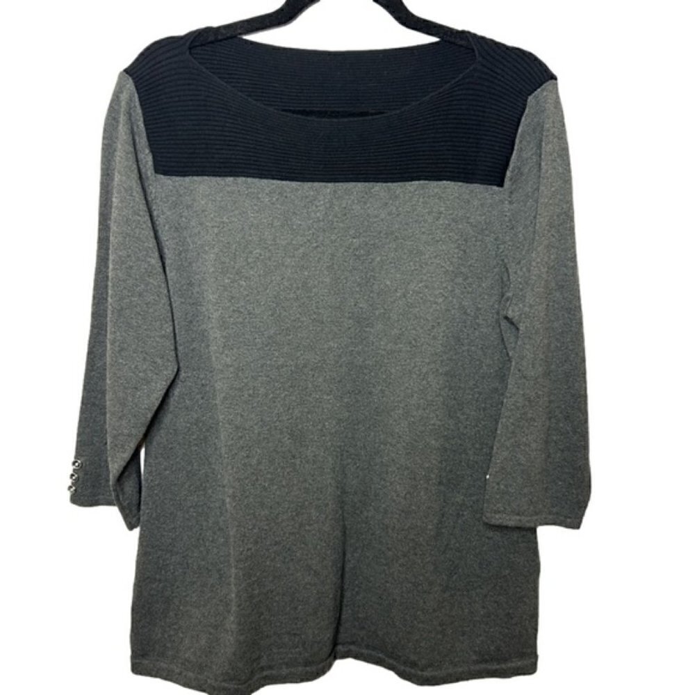 Karen Scott Cotton 3/4 Sleeves Ribbed Neckline Tunic Top Large Grey